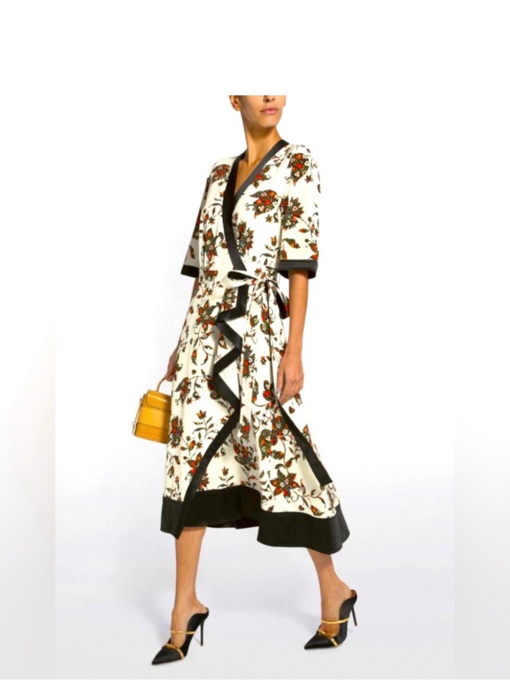 Tory Burch Ivory Floral Wrap silk Dress with Black Trim